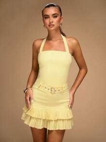SHEIN BAE 女士夏季时尚纯色带扣腰带打结吊带上衣和多层褶边迷你裙套装 - 黃色 - 查看 4