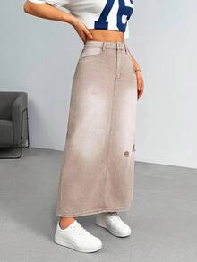SHEIN EZwear 女式侧袋做旧长款直筒休闲牛仔中长裙 - 咖啡棕 - 查看 4