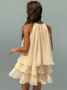 Aloruh Date Night Outfits Women Apricot Cute Vacation Halter Tie Ruffle Hem Mini Skater Dress For Women - Apricot - View 4