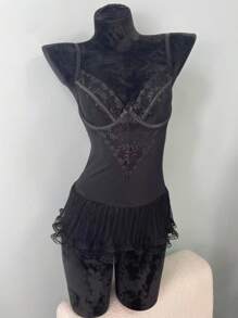 性感刺繡推桿女士睡衣2件套 - 黑色 - 查看 6