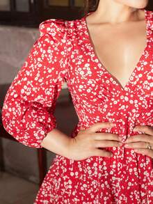 Lupita Cardoza 小碎花泡泡袖腰帶洋裝 - 紅白色 - 查看 3