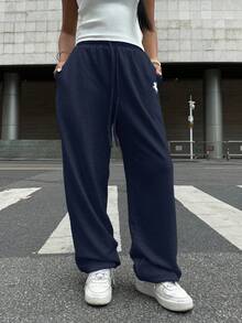 SHEIN EZwear 女士海军蓝色刺绣口袋抽绳腰部休闲运动裤 - 藏蓝色 - 查看 4
