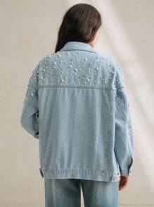 Anewsta Elaire 时尚休闲水洗做旧牛仔夹克，带铆钉和串珠装饰 - 淺色水洗藍 - 查看 2