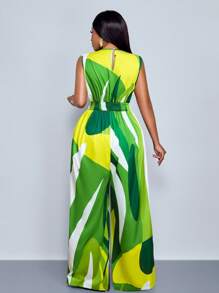 SOLERSUN 加大码女式无袖叶花卉印花松紧腰 V 领连体裤，适合春夏季度假和日常穿着，连体裤 - 綠色 - 查看 6