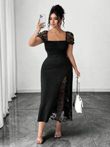 SHEIN PETITE 方领荷叶边下摆开叉优雅淑女连衣裙，夏季 - 黑色 - 查看 5