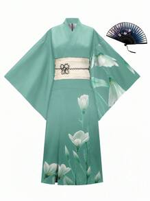 Irokai 日本女士传统印花和服浴衣宽松两件套服装，夏季节日 - 薄荷藍 - 查看 1