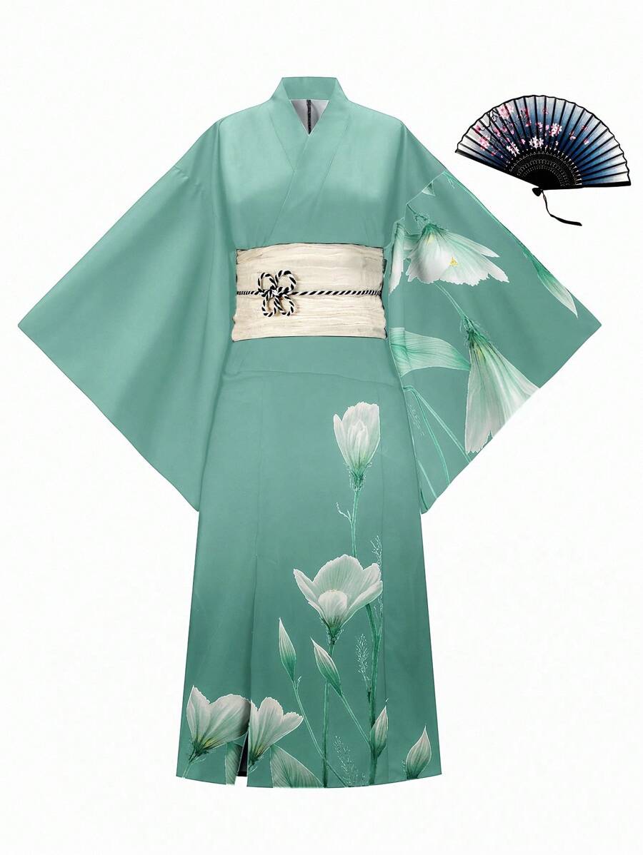 Irokai 日本女士传统印花和服浴衣宽松两件套服装，夏季节日 - 薄荷藍 - 查看 1