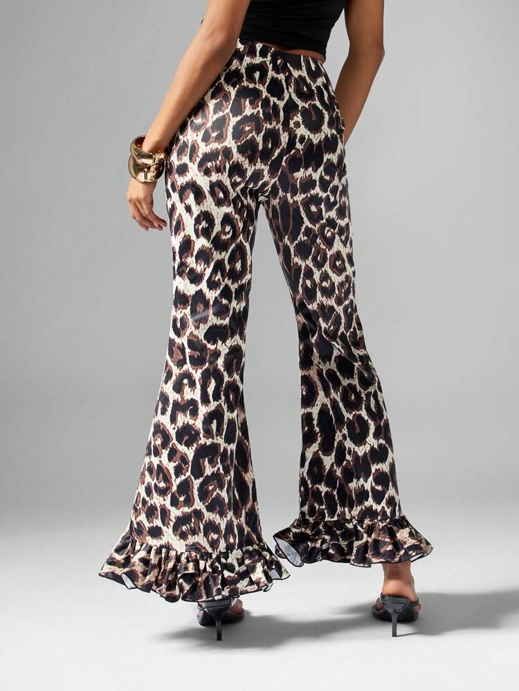 MISSGUIDED Leopard Print Flared Pants With Ruffle Hem Details