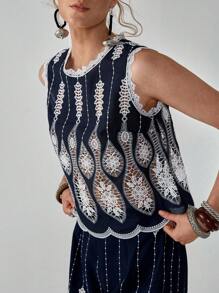 Florisole Tricou elegant boem, stil boem, cu guler rotund, bleumarin, alb, cu scobituri, broderie, fără mâneci, pentru primăvară și vară, pentru doamne, vacanță - Albastru marin - Vizualizare 4