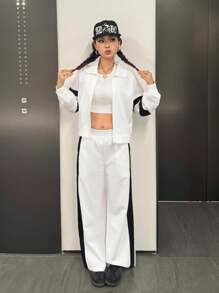 SHEIN 少女宽松休闲拼色连帽衫和运动裤套装，舒适 - 白色 - 查看 5
