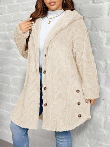 SHEIN LUNE 纹理毛绒温暖舒适纽扣装饰连帽大码夹克冬装女连帽开衫泰迪熊夹克女毛绒开衫长款开衫女大码女式开衫毛衣女式泰迪夹克泰迪大衣连帽泰迪夹克纽扣泰迪夹克长款泰迪大衣，女士秋季服装 - 杏色 - 查看 1