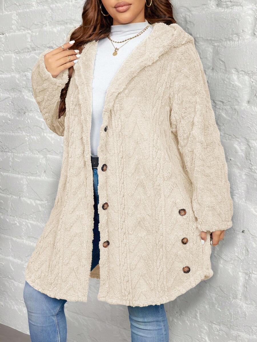 SHEIN LUNE 纹理毛绒温暖舒适纽扣装饰连帽大码夹克冬装女连帽开衫泰迪熊夹克女毛绒开衫长款开衫女大码女式开衫毛衣女式泰迪夹克泰迪大衣连帽泰迪夹克纽扣泰迪夹克长款泰迪大衣,女士秋季服装 - 杏色 - 查看 1