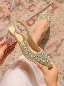 CUCCOO TILAWA 女士水晶高跟水钻装饰镂空尖头浅口鞋，适合外出、宴会、派对和其他活动 - 金色 - 查看 2