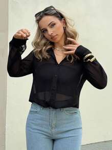 Jeta Ari Sheer Button Front Shirt Without Bra,Long Sleeve Tops