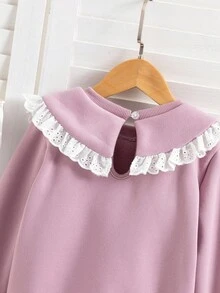 年轻女孩秋季休闲可爱撞色希菲彼得潘领运动衫和松紧腰宽松阔腿裤套装 - 粉色 - 查看 7