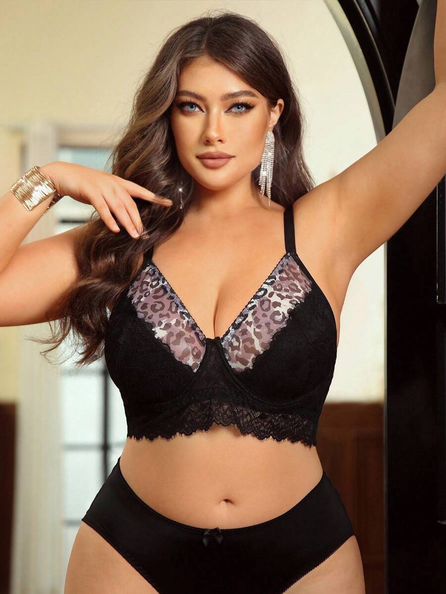 SHEIN 大码女士成熟优雅系列蕾丝拼接豹纹网眼钢圈文胸 - 黑色 - 查看 1
