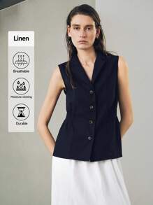 Uhlyne 优雅时尚基础款轻盈舒适新款短款纯色简约通勤纽扣褶皱亚麻复古收腰修身马甲，适合秋季、极简主义、商务休闲、度假、工作、教师、返校、秋季穿着，尽显老钱风范。 - 黑色 - 查看 1