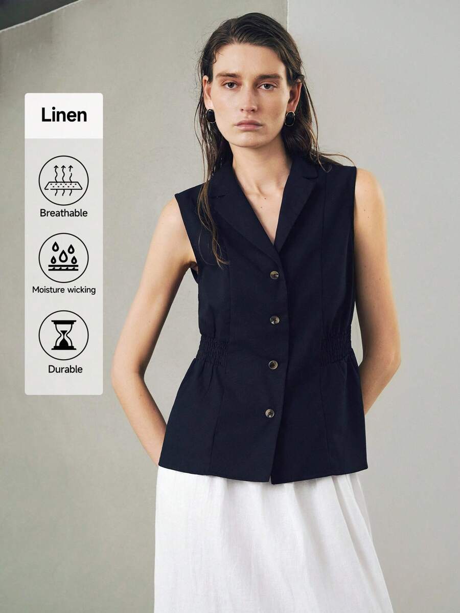 Uhlyne 优雅时尚基础款轻盈舒适新款短款纯色简约通勤纽扣褶皱亚麻复古收腰修身马甲，适合秋季、极简主义、商务休闲、度假、工作、教师、返校、秋季穿着，尽显老钱风范。 - 黑色 - 查看 1