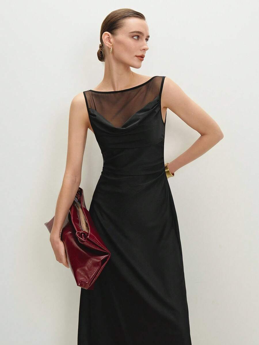 BizChic 2025 Summer New Arrival Independent Day Music Festival Party Outfit, Suitable For Wedding Guest Brunch, Urban Commute, Romantic Casual, Elegant Office Mesh Panel Long Dress, Summer Date Occasion - Black - View 1