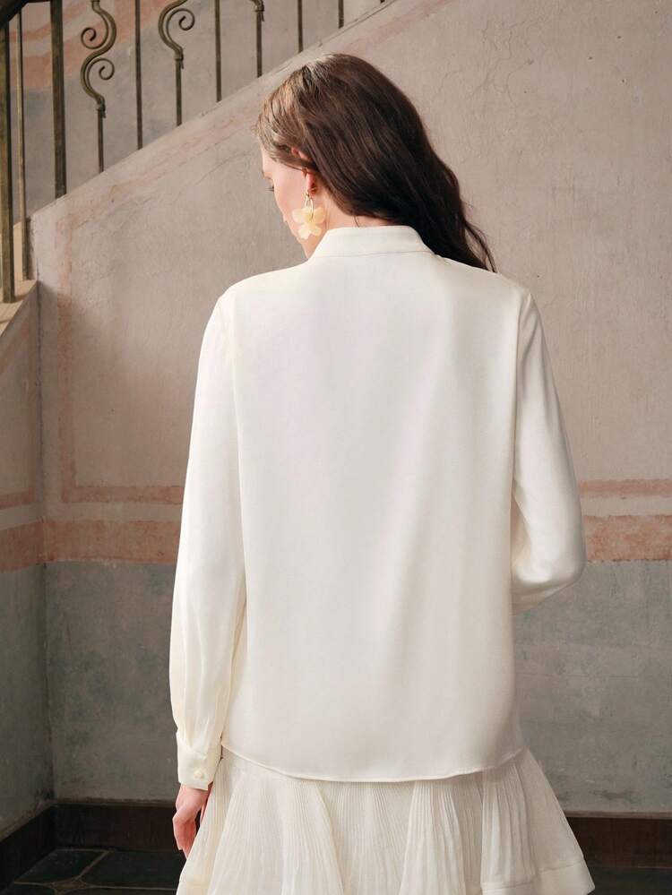 Women's Champagne White Embroidered Button-Front Shirt, Long Sleeve, Spring/Autumn/Summer