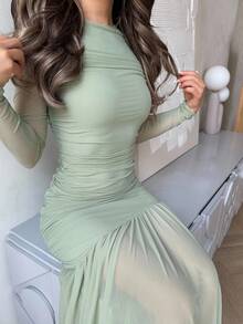 Jemour 女士网眼长袖圆领长裙，秋季休闲连衣裙。适合秋季服装、返校服装、教师服装 - 薄荷綠 - 查看 3