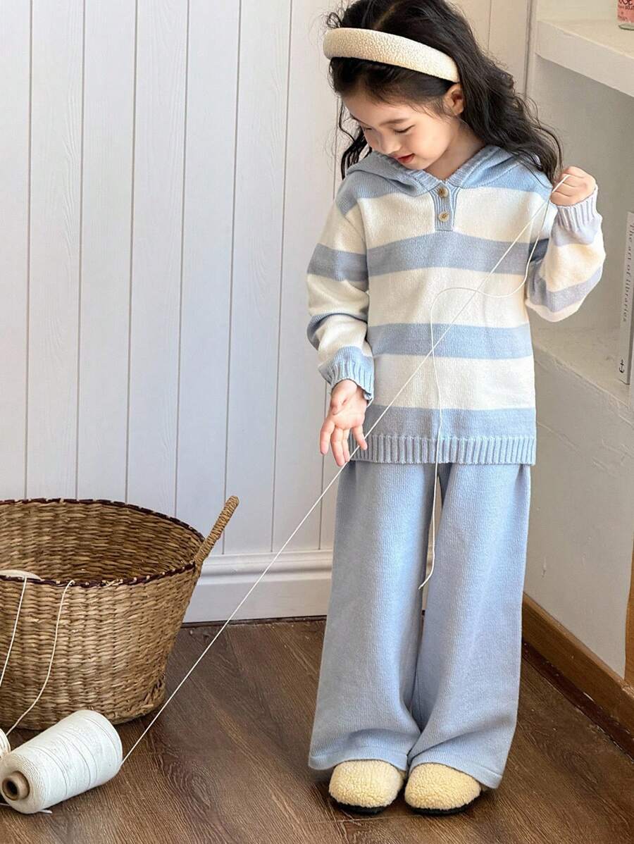 SHEIN Young Girls Casual Blue & White Striped Hooded Sweater And Pants Set School TopYoung Girlrl Clothes Kids Girl Outfit Cute Tops Graphic Tees Girls Sweater Sets Girls Knit Set Winter Young Girls Sets Young Girls Striped Knit SeYoung Girlrl Knit Set Winter Girls Sets Girls Hooded Sweater Set Fall