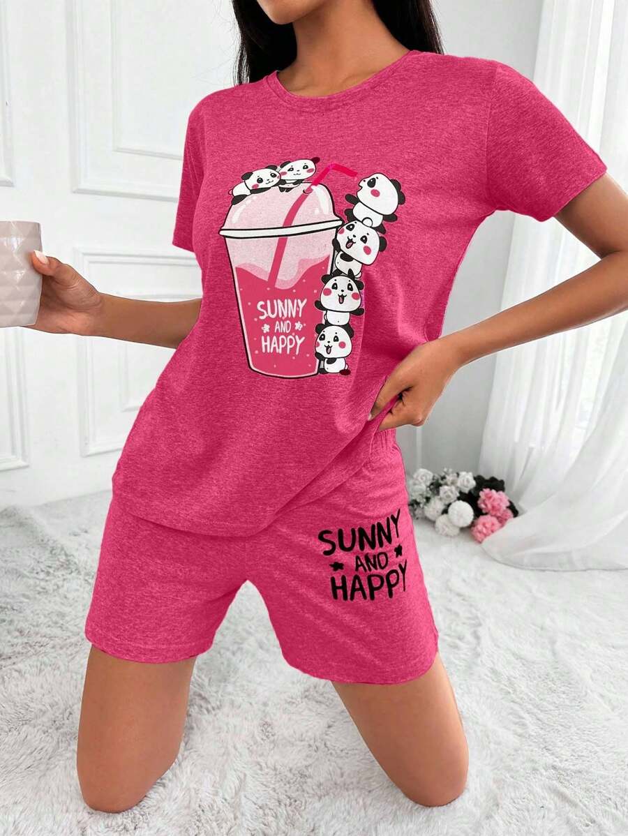 EURMUSE Conjunto de pijama de algodón con gráficos de dibujos animados y lemas - Rosa Fucsia - Ver 1
