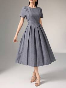 Heiryn 女式简约纯色褶边下摆收腰休闲连衣裙，夏季，不带腰带 - 灰色 - 查看 6