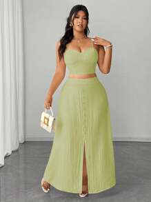 SHEIN Unity Damen Große Größen Sommerurlaub 2 Stücke Set: Elegantes Fake-Leinen Trägertop & Rock mit hohem Schlitz - Grün - Übersicht 4