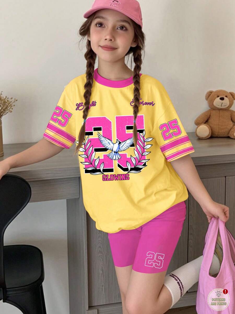 SHEIN Leap Crew 青少年女孩休閒簡約短袖寬鬆T恤與內搭褲2件套,適合夏季女孩夏日穿搭,青少年女孩運動風夏季套裝 - 彩色 - 查看 1