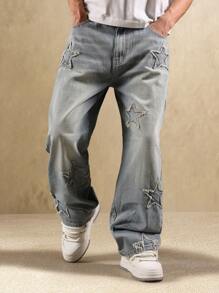 Calça Denim Larga Super Folgada da SUMWON com Bordado de Estrela, Caimento Solto, Moda Casual, Declaração de Estilo, Perna Larga, Streetwear, Festival, Concerto, Estética Moderna Grunge Y2K, Lisa - Azul - Visão 4