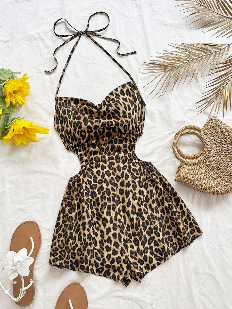 Soleia 女士度假经典豹纹露背系带圆领镂空腰部宽松下摆连体裤，适合派对、下午茶、城市街头度假 - 彩色 - 查看 1