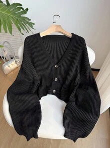 Comfortcana Plus Size Women's Lantern Sleeve Button Front Rib Knit Black Cardigan,Long Sleeve Tops,Fall,Winter,Back To School,Warm Autumn