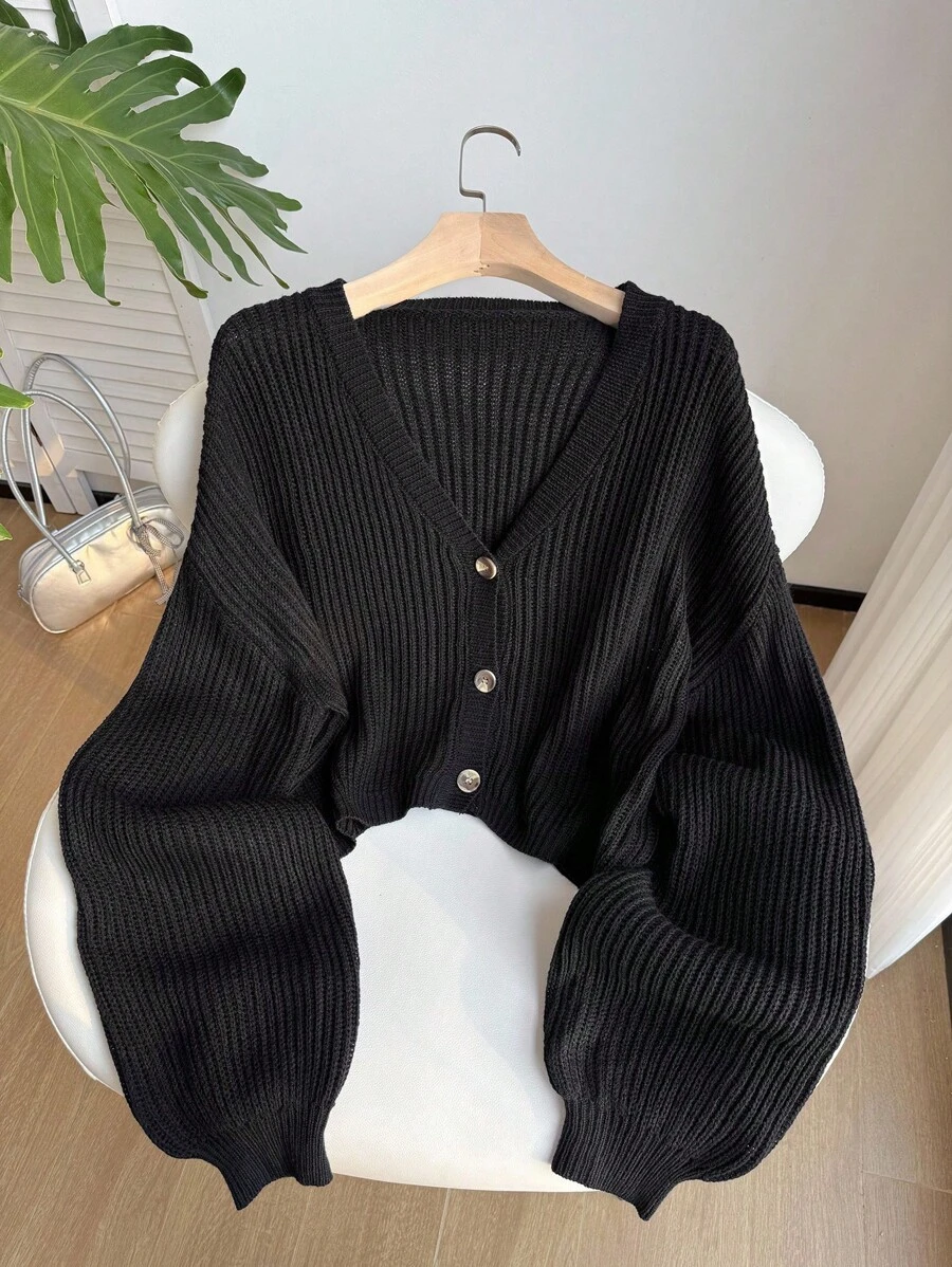 Comfortcana Plus Size Women's Lantern Sleeve Button Front Rib Knit Black Cardigan,Long Sleeve Tops,Fall,Winter,Back To School,Warm Autumn