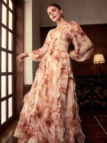 ZEYLAH Đầm Maxi Tay Dài Cổ Chữ V Eo Ruffle Viền Dài Thanh Lịch - Nhiều màu - Xem 4