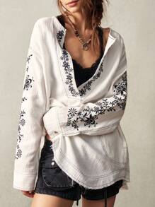 Bohemela Áo sơ mi cổ khoét thêu họa tiết cây cỡ lớn dành cho kỳ nghỉ - trắng - Xem 9