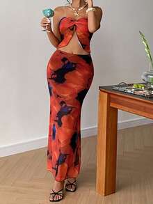 DAZY Set de 2 piezas con top crop y mini falda con estampado de teñido anudado para mujeres en verano