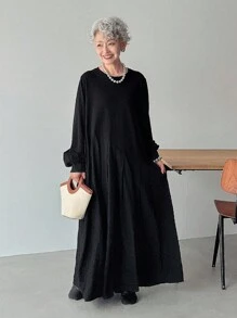 FRIFUL 女式黑色纯色拼布面料褶皱长裙长袖连衣裙、办公室连衣裙、商务休闲连衣裙 - 黑色 - 查看 2