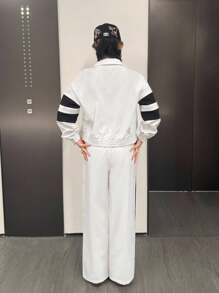 SHEIN 少女宽松休闲拼色连帽衫和运动裤套装，舒适 - 白色 - 查看 3