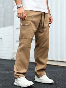 Manfinity Homme Quần Cargo cạp chun màu trơn đơn giản có túi nắp cho nam - Màu Khaki - Xem 3