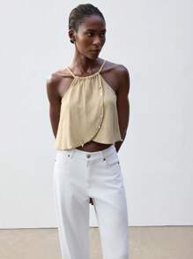 Maija Khaki,Summer,Casual,Vacation,Holiday 2025 Spring & Summer New Arrival Fashion Beaded Decor Women Tops,Boho Style Music Festival Beach Daily City - Camel - View 3