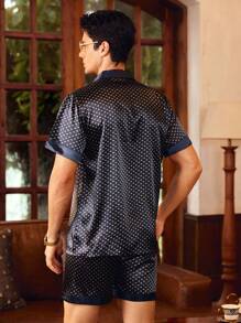 Men Random Polka Dot Print Satin Shirt & Shorts PJ Set / Pajama Set