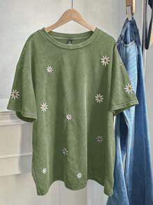 Comfortcana Áo thun thêu hoa thường ngày mùa hè cỡ lớn cho nữ - xanh quân đội - Xem 4