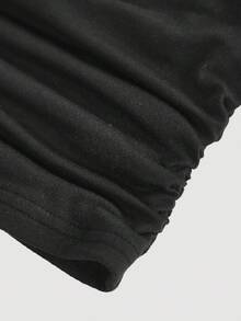 SHEIN MOD 女士黑色修身短袖褶皱圆领T恤，垂褶上衣 - 黑色 - 查看 3