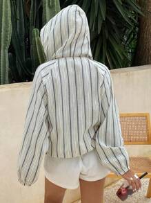 Livesso Women's Striped Half-Zip Hoodie, Raglan Sleeve, Lightweight Sweatshirt - Apricot - View 2