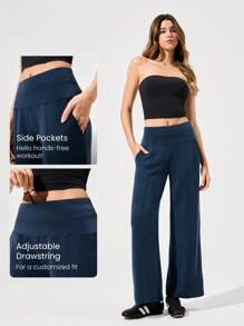 GLOWMODE 莫代尔丝绸触感阔腿高腰休闲裤，带侧袋，日常休闲秋季