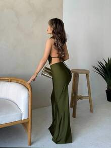 Jemour 女式纯色荷叶边下摆深 V 领露背背心和鱼尾迷你裙性感两件套 - 軍綠色 - 查看 5