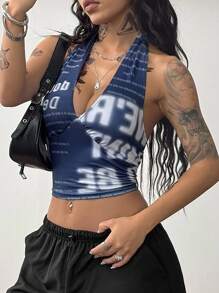 Coolane Women's Summer Concert Rave Going Out Streetwear Y2K Graphics Blue Halter Tank Top - Blue - View 5