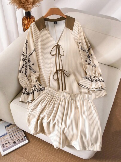 CosyJoli Conjunto de 2 piezas para mujer talla grande: Camisa de manga larga holgada con estampado de plantas y rayas, con nudo delantero; y shorts