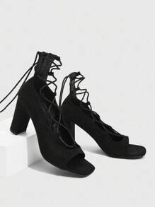 CUCCOO SZL Giày sandal đế vuông mũi vuông họa tiết da báo cho nữ, có khóa kéo và quai đeo ở mắt cá chân, thời trang và thoải mái cho tiệc tùng/ngoài trời - màu đen - Xem 2